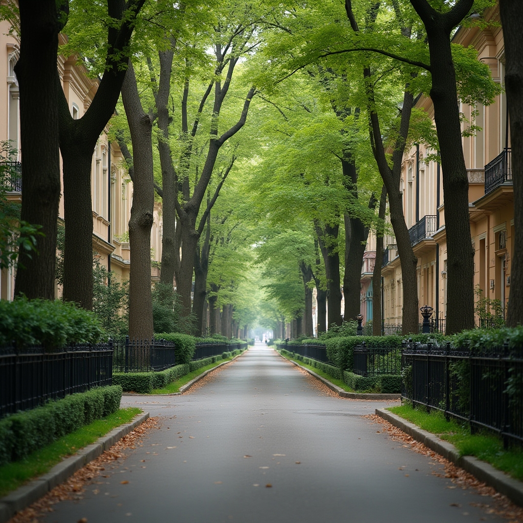 Leafy residential street with villas in Primaverii district of northern Bucharest