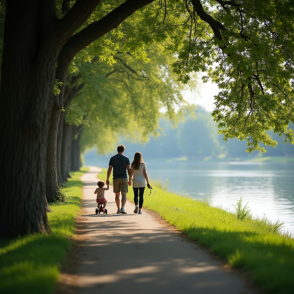Family walking along a lakeside path in Herastrau Park in Bucharest with trees and skyline in background