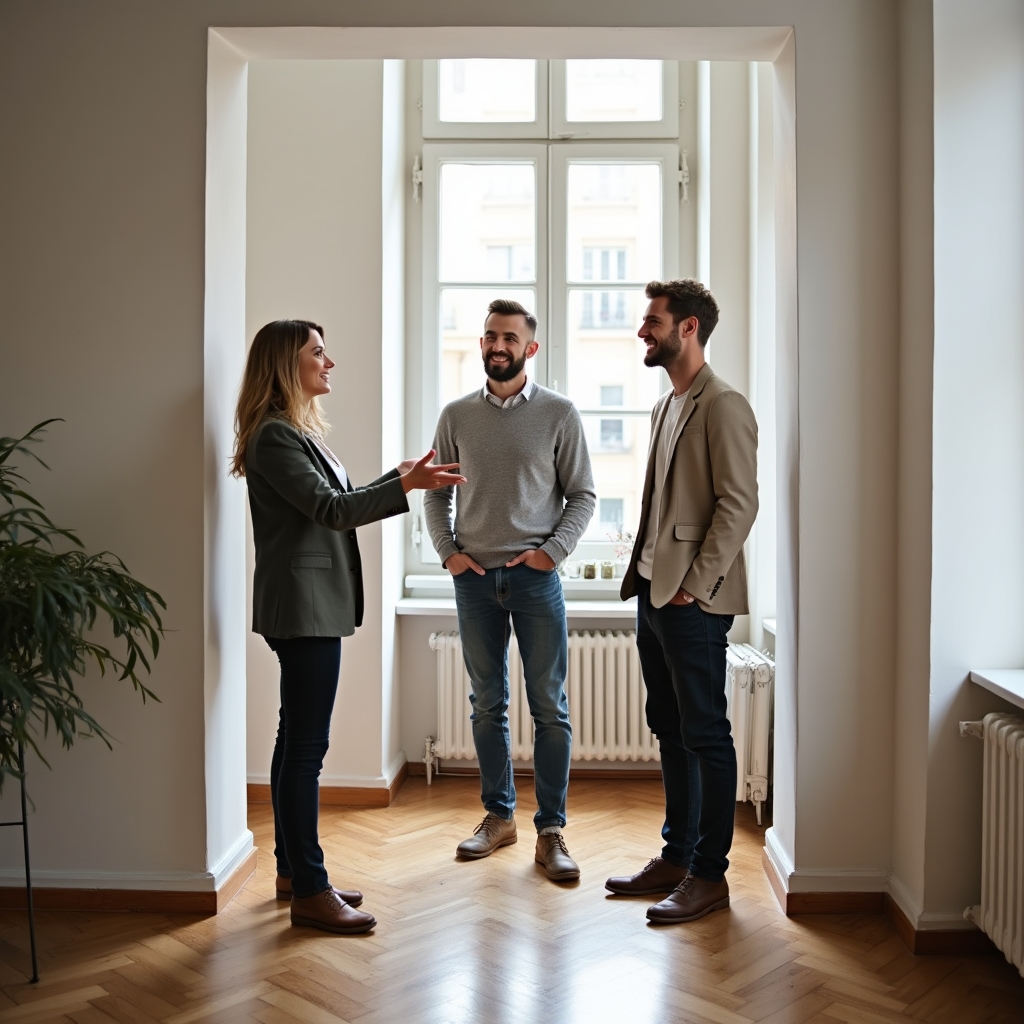 Relocation coordinator showing an expat couple an apartment during a viewing in Bucharest