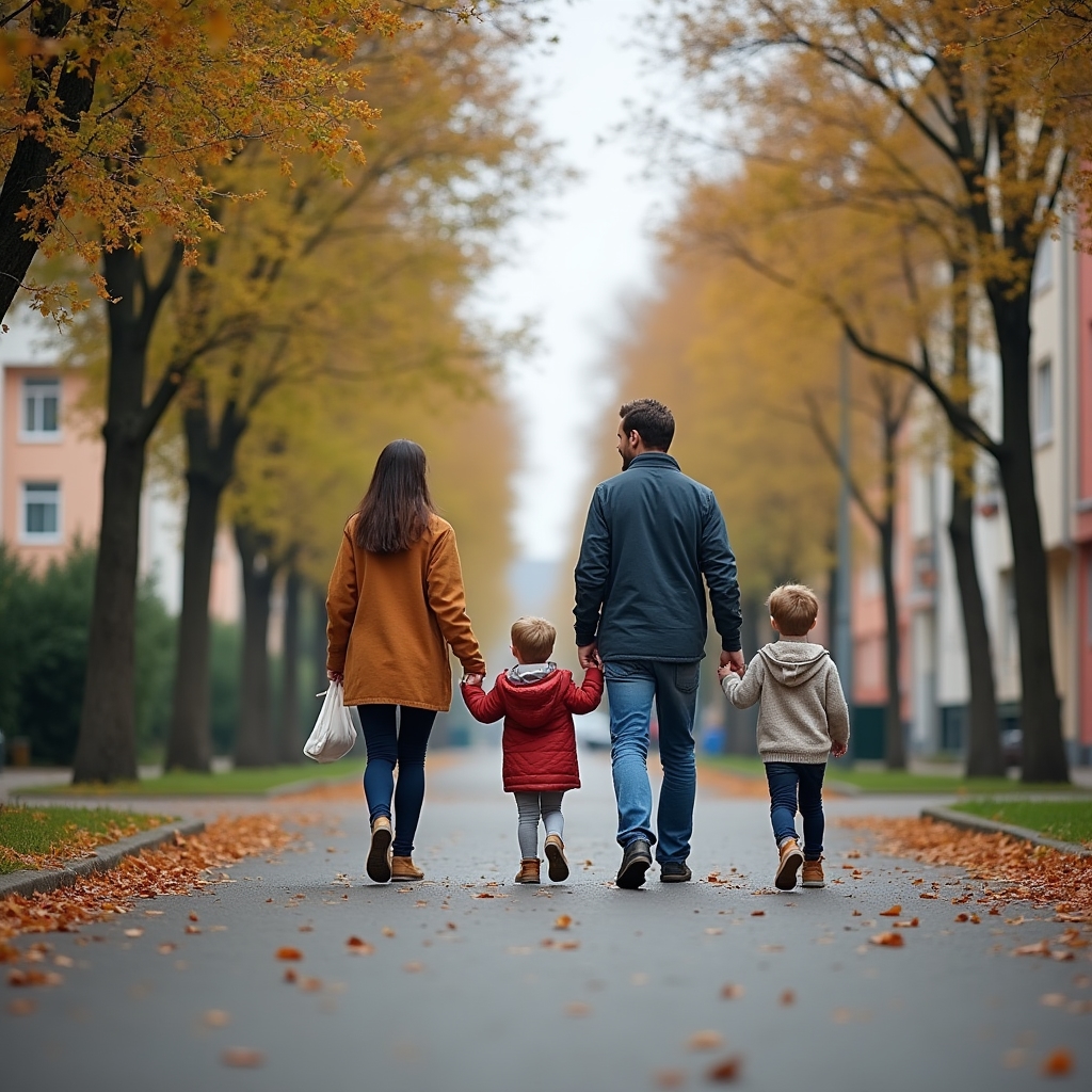 Family walking through a leafy Bucharest neighbourhood street during an orientation tour